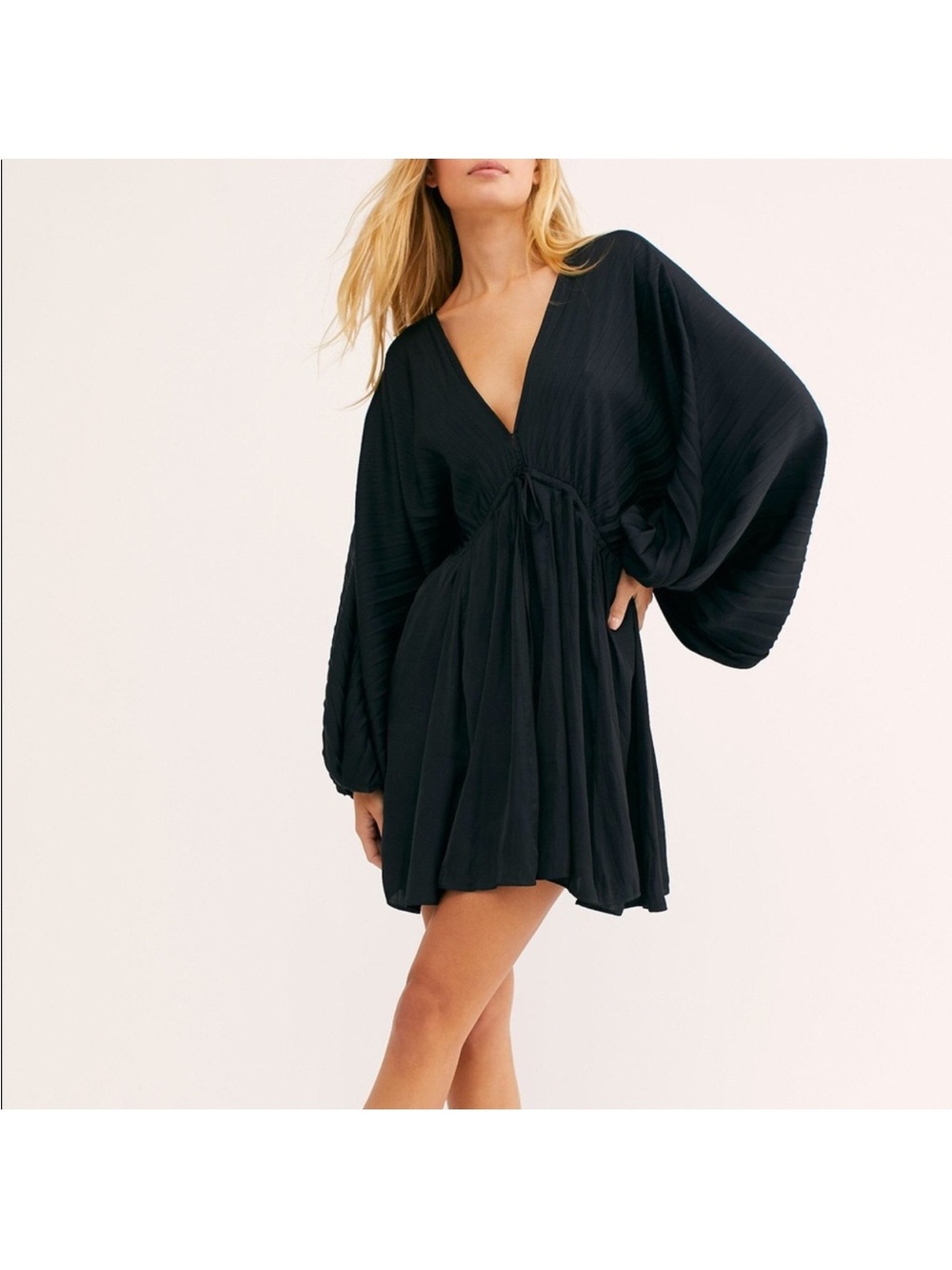 Free People Black V‑Neck Mini Dress with Balloon Sleeves